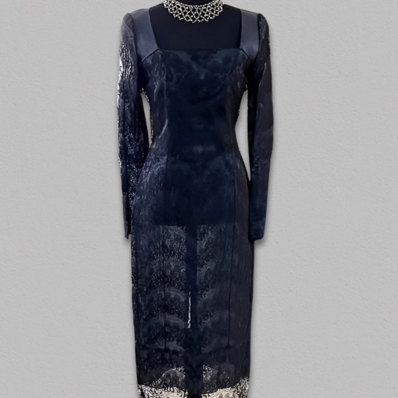 Elegant Lace Midi Dress Sweetheart Neckline Long Sleeve Sheer Satin Navy Blue M - Picture 2 of 16